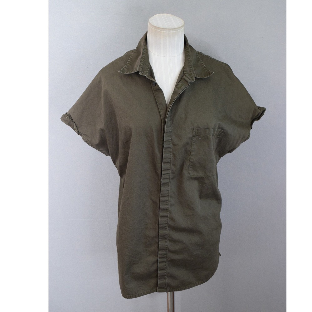 Helmut Lang Button Down Shirt Medium Olive Green Cotton Short Sleeve Women - Picture 1 of 6